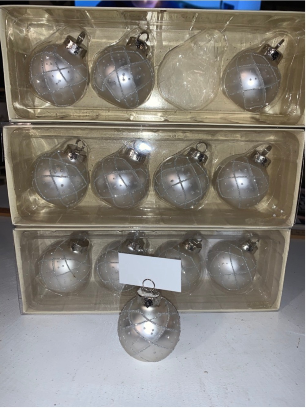 Silver Holiday Ornaments Placecard Holders 3 Sets of 4